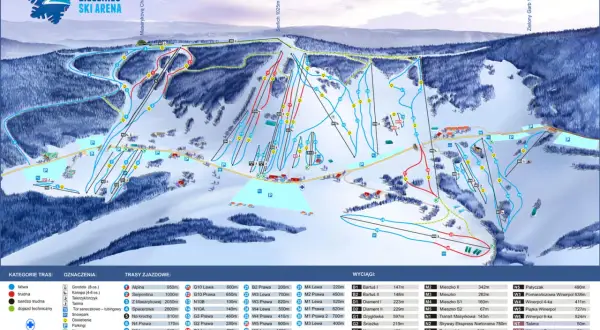 Mapa ośrodka Zieleniec Ski Arena pokazuje, ile jest tras narciarskich w Zieleńcu. Oznaczono tu 35 tras zjazdowych o różnym stopniu trudności.