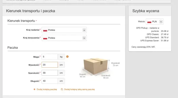 Formularz zamówienia przesyłki. Wpisz wymiary paczki, aby sprawdzić pocztex czas dostawy i ceny.