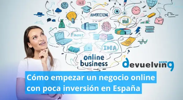Mujer pensando en cómo montar un negocio online sin dinero. Ilustración de ideas, finanzas y éxito.