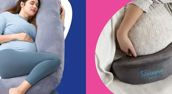 Pregnant woman sleeping comfortably on a U-shaped pillow, showing como usar la almohada de embarazo. Another pregnant woman rests her belly on a smaller support pillow.