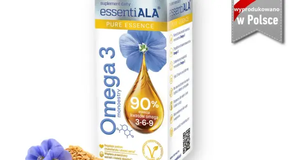 Opakowanie suplementu diety Omega 3 dla niemowląt, z wizerunkiem kropli oleju i kwiatów lnu.