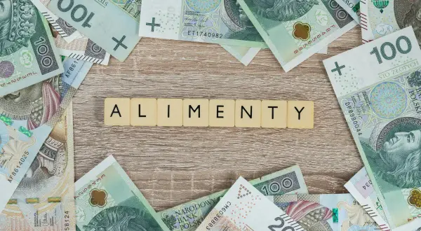 Litery z kafelków układające słowo "ALIMENTY" na tle polskich banknotów.