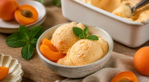 Fruchtiges Aprikosen-Sorbet, perfekt zum sorbet selber machen ohne eismaschine. Serviert mit frischen Aprikosen und Minze.