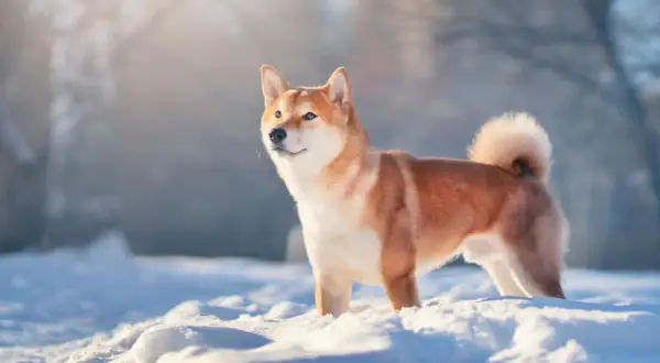 Un shiba inu, con su característico pelaje rojizo y cola enroscada, posa orgulloso en la nieve.