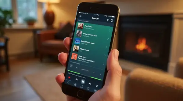 Dłoń trzyma smartfon z aplikacją Spotify, gotową do odtworzenia muzyki, np. z playlisty Yamaha.