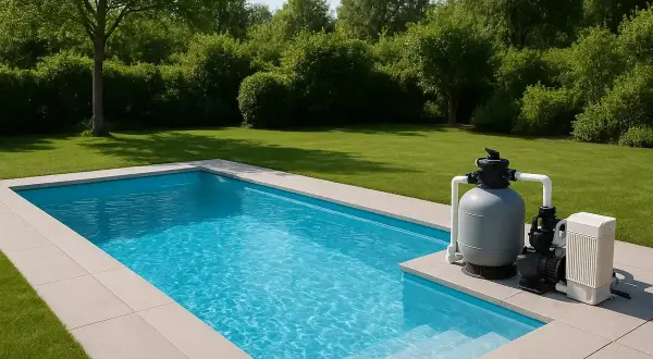 En pool med klart blått vatten och en pumpanläggning. Nackdelar med saltvattenpool kan vara korrosion på utrustning.