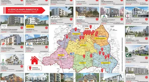 Mapa inwestycji z informacją, ile miejsc parkingowych na mieszkanie oferują deweloperzy w powiecie piaseczyńskim i okolicach.