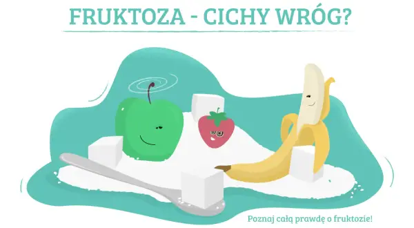 Fruktoza - cichy wróg? Ilustracja z jabłkiem, truskawką i bananem otoczonymi cukrem. Dowiedz się, co to fruktoza.