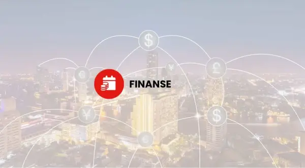 Sieć finansowa z symbolami walut i tekstem "FINANSE". Broker kto to? To pośrednik w transakcjach finansowych.