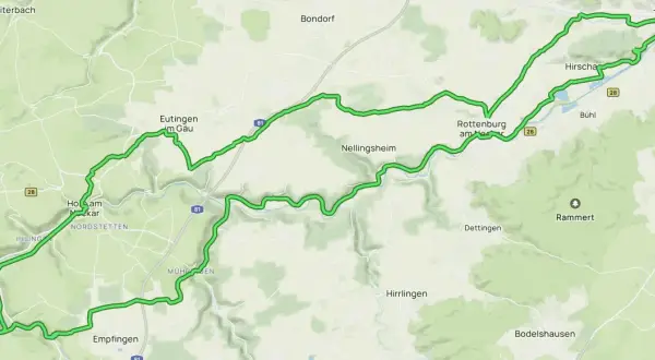 Radweg-Karte mit dem wasserschloss glatt rundweg, der sich durch Täler und über Hügel schlängelt, vorbei an Orten wie Rottenburg und Tübingen.