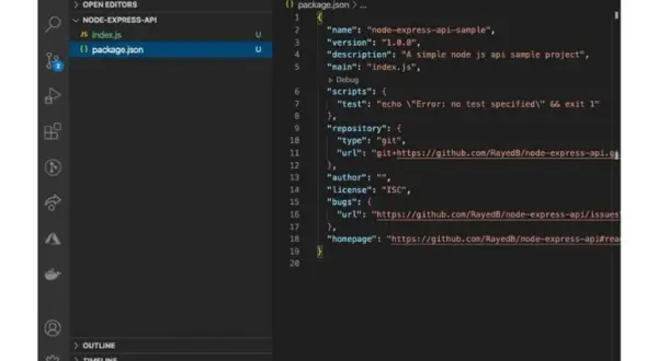 Configuration du projet pour créer un projet Node.js avec Express. Le fichier `package.json` liste les dépendances et scripts.