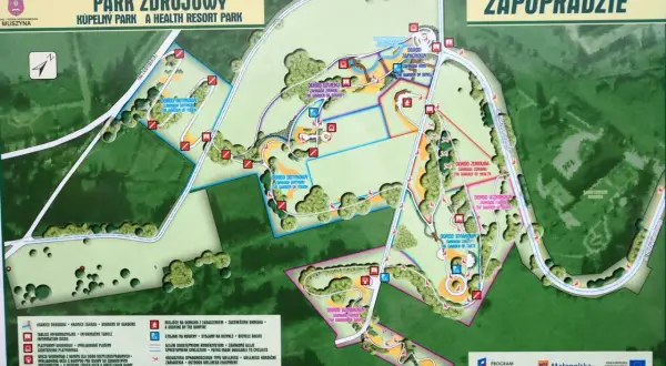 Mapa Muszyny: trasa przez ogrody sensoryczne (zapachu, smaku, dotyku, wzroku, dźwięku) i zdrowia.