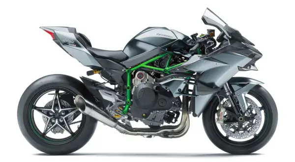 Szary motocykl Kawasaki Ninja H2R z zieloną ramą na białym tle.