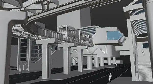 A 3D graphics art instruction scene depicts a futuristic monorail system in a city. The monorail train glides along an elevated track supported by large pillars.