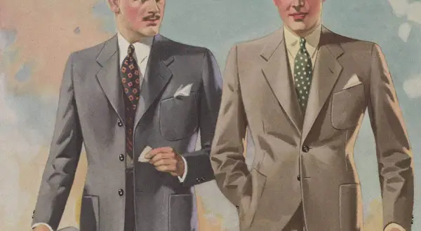 Två män i stilfulla kostymer, en grå och en beige, med hattar och slipsar. En tidlös mode 30 tal-stil.