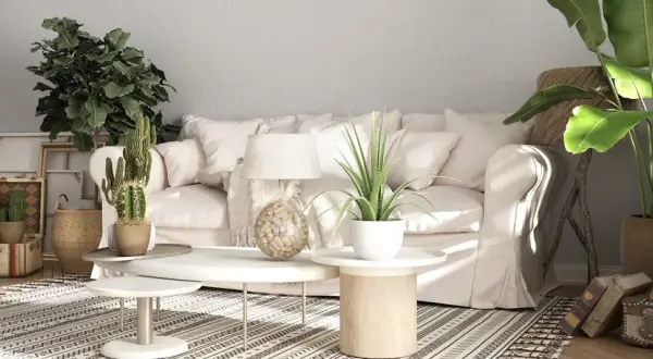Sofá blanco, plantas, maletas vintage y alfombra geométrica crean un ambiente de **estilo rústico moderno**.