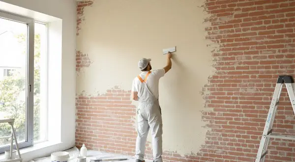 Un ouvrier applique un enduit sur brique intérieur, transformant un mur brut en une surface lisse et prête à être peinte.