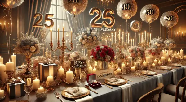 Tavola apparecchiata per nozze anniversari, con palloncini a forma di numeri, candele accese, fiori e regali.