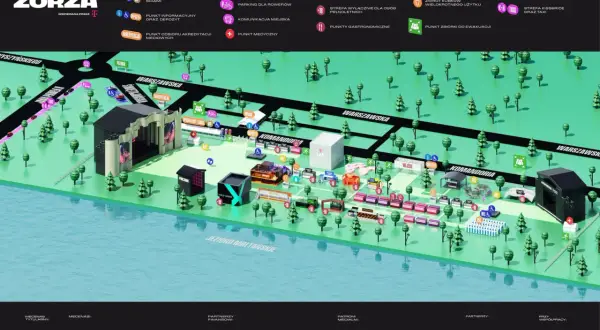 Mapa festiwalu ZORZA Poznań z zaznaczonymi punktami: parkingi, gastronomia, punkty medyczne, strefy VIP i inne.