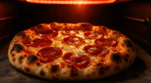 Pyszna pizza pepperoni w piecu, z rumianym, lekko przypalonym brzegiem. Czy pieczona z termoobiegiem, czy bez, wygląda apetycznie!
