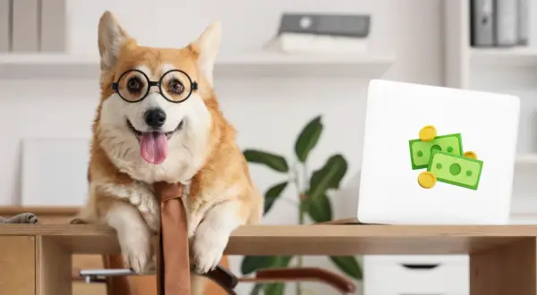 En glad hund på kontoret med glasögon och slips. Bredvid en laptop med penga-symboler.