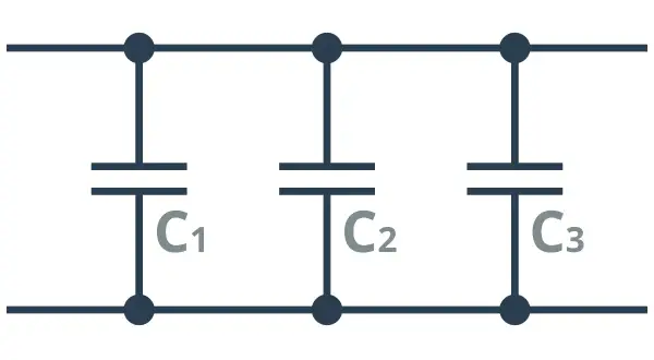 Schemat połączenie równoległe trzech kondensatorów C1, C2, C3.