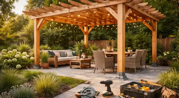 Drewniana pergola DIY z oświetleniem, meblami ogrodowymi i narzędziami budowlanymi.