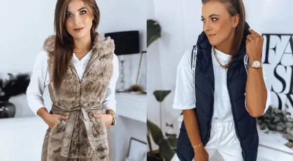 Dwie kobiety prezentują stylowe czarne kamizelki. Jedna w futrzanej, druga pikowana. Idealne do casualowych stylizacji.