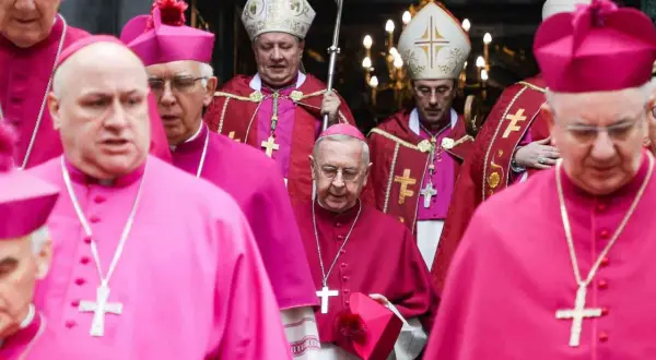 Biskupi w szatach w kolorze biskupi i fuksja, niosący krzyże i pastorały, idą w procesji.