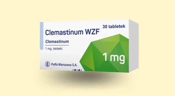 Opakowanie leku Clemastinum WZF, zawierające 30 tabletek po 1 mg. Producent Polfa Warszawa S.A.