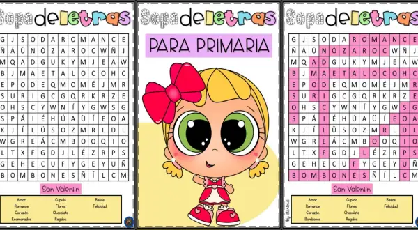 Juego de sopa de letras para primaria con temática de San Valentín. Busca las palabras escondidas como "amor", "romance" y "bombones".