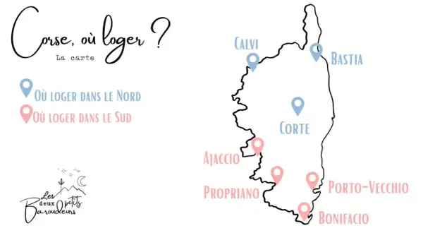 Carte de la Corse indiquant les lieux où loger, avec Ajaccio et Bonifacio mis en avant.