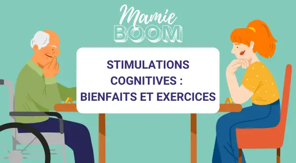 Un homme âgé en fauteuil roulant et une jeune femme réfléchissent, participant à un jeu cognitif adulte.