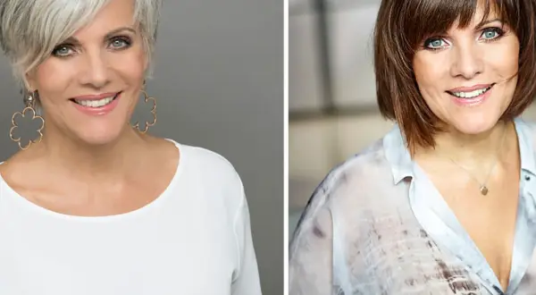 Birgit Schrowange: links mit grauen Haaren und Blumenohrringen, rechts mit braunen Haaren.