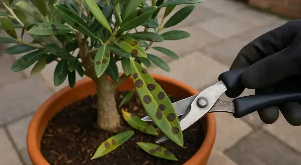 Gefleckte Blätter an einem Olivenbaum deuten auf Krankheiten hin. Eine Hand mit Handschuh schneidet befallenes Blatt ab.