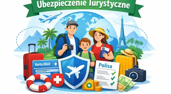 Rodzina w podróży z walizkami i aparatem, symbolizująca santander ubezpieczenie turystyczne. Widoczny globus, samolot i wieża Eiffla.