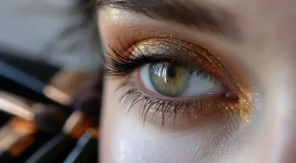 Un œil vert aux reflets dorés, sublimé par un maquillage scintillant. Des paillettes et des ombres chaudes illuminent le regard, accentuant la profondeur des yeux marrons.