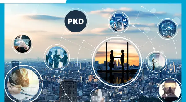 Ilustracja przedstawia miasto z nałożonymi okręgami symbolizującymi różne aspekty biznesu i technologii, w tym napis PKD.