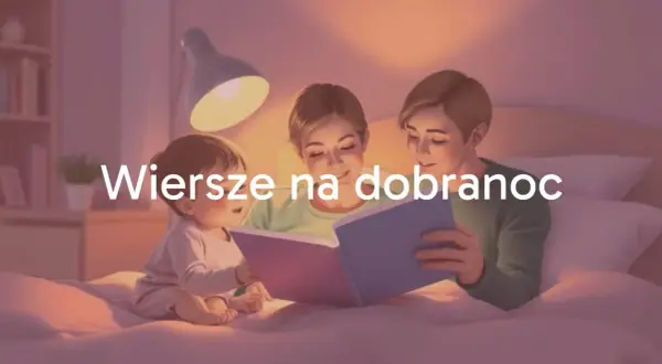 Rodzina czyta wierszyki na dobranoc przy lampce.
