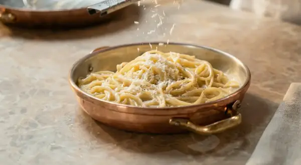 Spaghetti mit cremiger Käsesauce und frisch geriebenem Parmesan. Ein köstliches Cacio e Pepe, das zum Genießen einlädt.