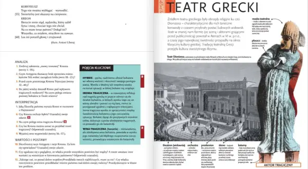 Antygona – ile stron zajmuje analiza jej postaci i kluczowych pojęć w tej książce? Na ilustracji widzimy fragment tekstu o teatrze greckim i aktora tragicznego.