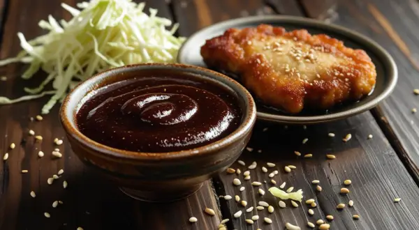 Gęsty, ciemny sos tonkatsu w miseczce, obok smażonego kotleta i poszatkowanej kapusty. Idealny dodatek do japońskich dań.