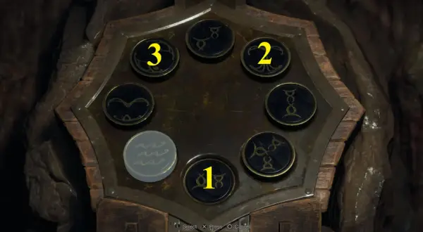 Zagadka z Resident Evil 4: sześć okrągłych przycisków z symbolami, trzy ponumerowane.