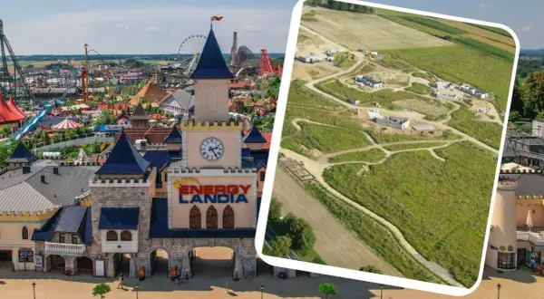 Energylandia: od budowy do zabawy. Widać plac budowy i gotowy park rozrywki, który powstał w 2014 roku.