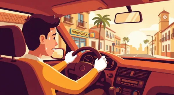 Hombre sudando al volante, con el cartel de "AUTOESCUELA" al fondo. Claros nervios examen conducir.