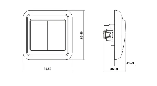 Schemat łącznika świecznikowego dwuklawiszowego. Wymiary: 80,50 mm x 80,50 mm, głębokość 36 mm, wysokość 21 mm.