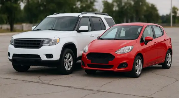 Czerwony hatchback obok białego SUV-a. Zastanawiasz się, hatchback co to? To praktyczne auto miejskie.