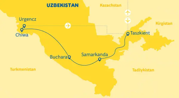 Mapa pokazuje trasę wycieczki po Uzbekistanie: z Chiwy przez Bucharę i Samarkandę do Taszkentu.