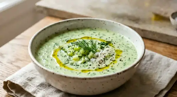 Un bol de soupe de concombre crémeuse, garnie d'aneth frais, de dés de concombre, d'huile d'olive et de poivre noir. Parfait pour une journée chaude.