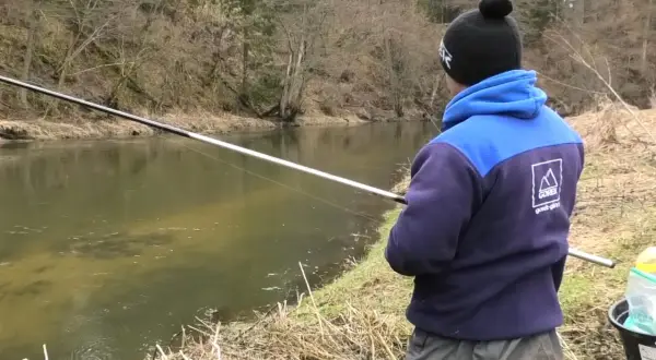 Łowienie z powierzchni na twardy chleb. Jak nie płoszyć kleni i jazi? Wędkarz z wędką nad rzeką.
